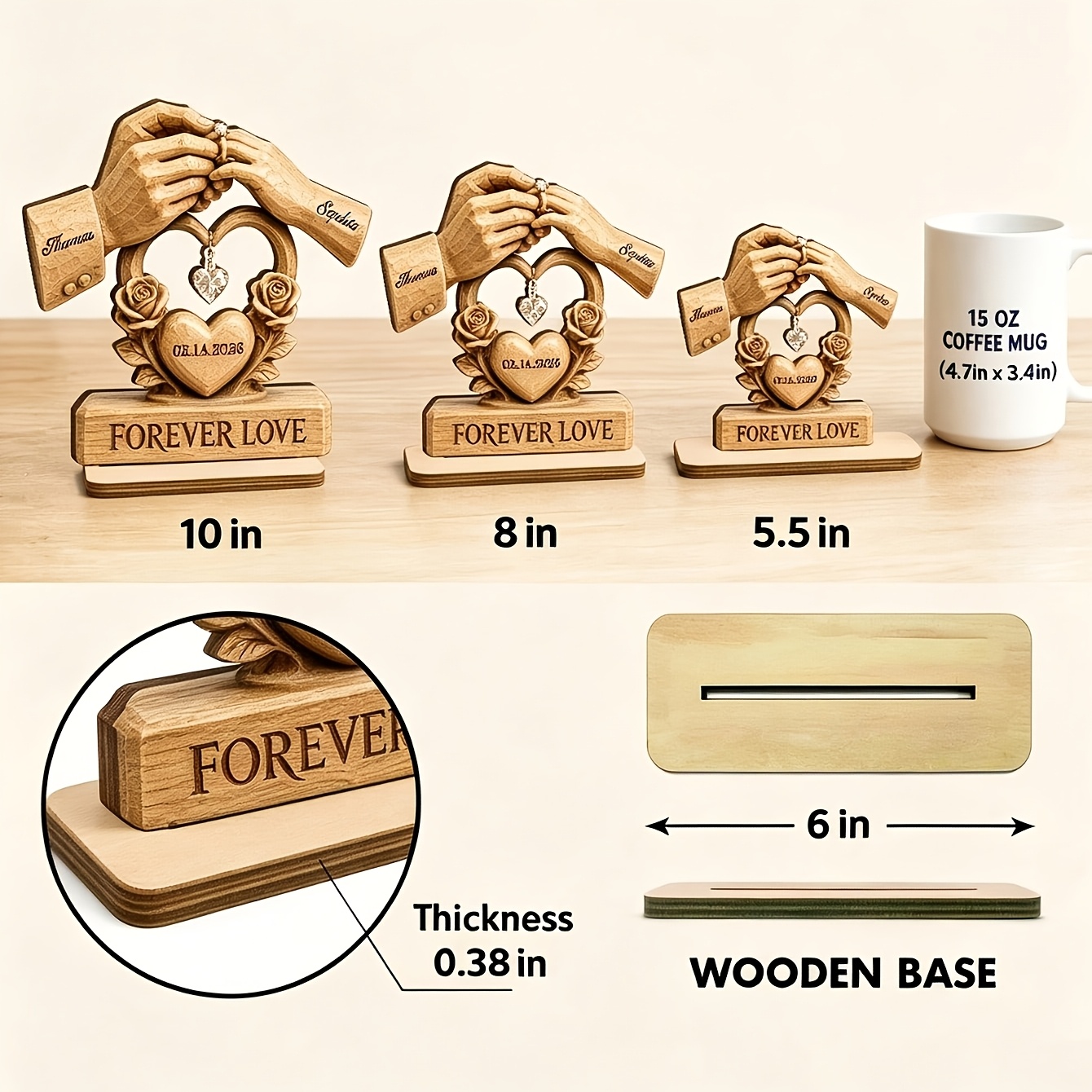 TEMU Personalized Heart-shaped Couple Name Wooden Sign Customization, Hand-held Ring, Couple Anniversary Gift, Engagement Desktop Wooden Decor,