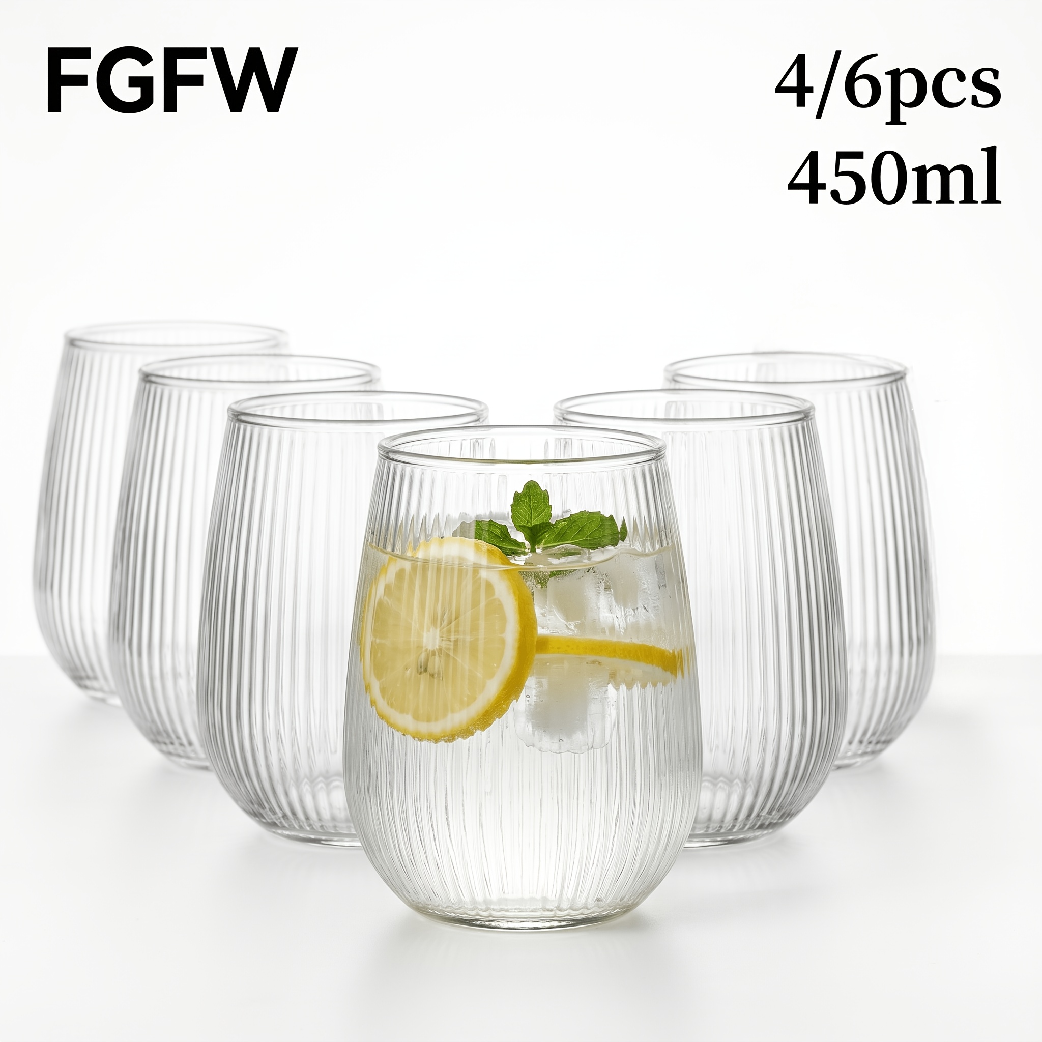TEMU Fgfw 6/4pcs 450ml (15.8oz) Short Tapered Vertical Striped Egg-shaped Glass Tumblers, High Borosilicate Glass Heat Resistant, Home/office Daily