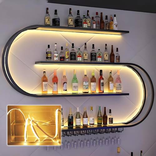 lightswall mounted wine rack 4 tier large metal industrial liquor bottles shelf with glass holder modern bar unit floating shelves wine storage display shelf for restaurant decoration including led lights