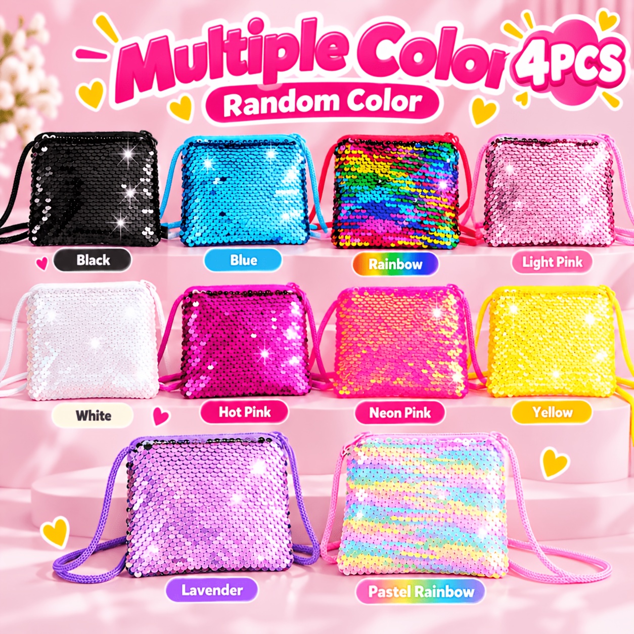 TEMU 4pcs Set Of Random Color Sequin Crossbody Pouches, Glittery Square Single-shoulder Bags With Zippers And Woven Straps, Stylish Small Handbags