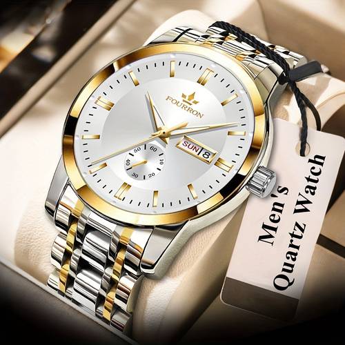 1pc mens luxury automatic quartz watch with luminescent hands date day week calendar stainless steel strap blue dial 7 strap design ipx7 waterproof battery powered ideal for men gift for birthdays