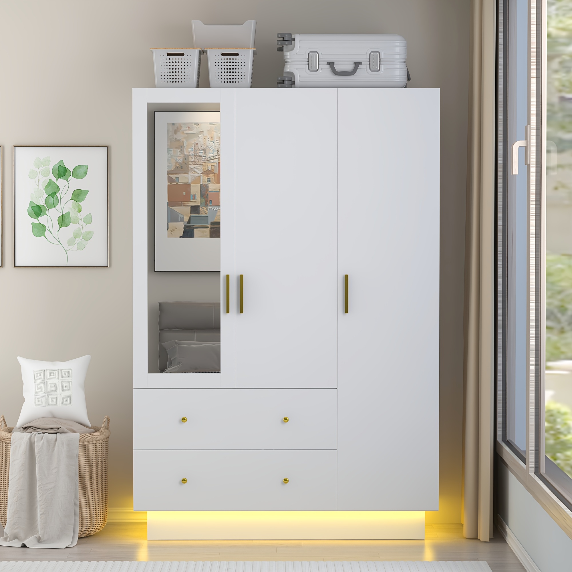 3 Doors Armoire Wardrobe Closet with Mirror, LED Armoire with Doors And Drawers, Wooden Armoire Storage Cabinet with Hanging Rod, Adjustable Shelves