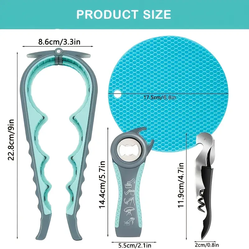 4pcs multi function bottle opener 4pcs multi function bottle opener set stainless kitchen tools with jar opener corkscrew cap twister non slip rubber pad ideal for weak hands no electricity needed details 4