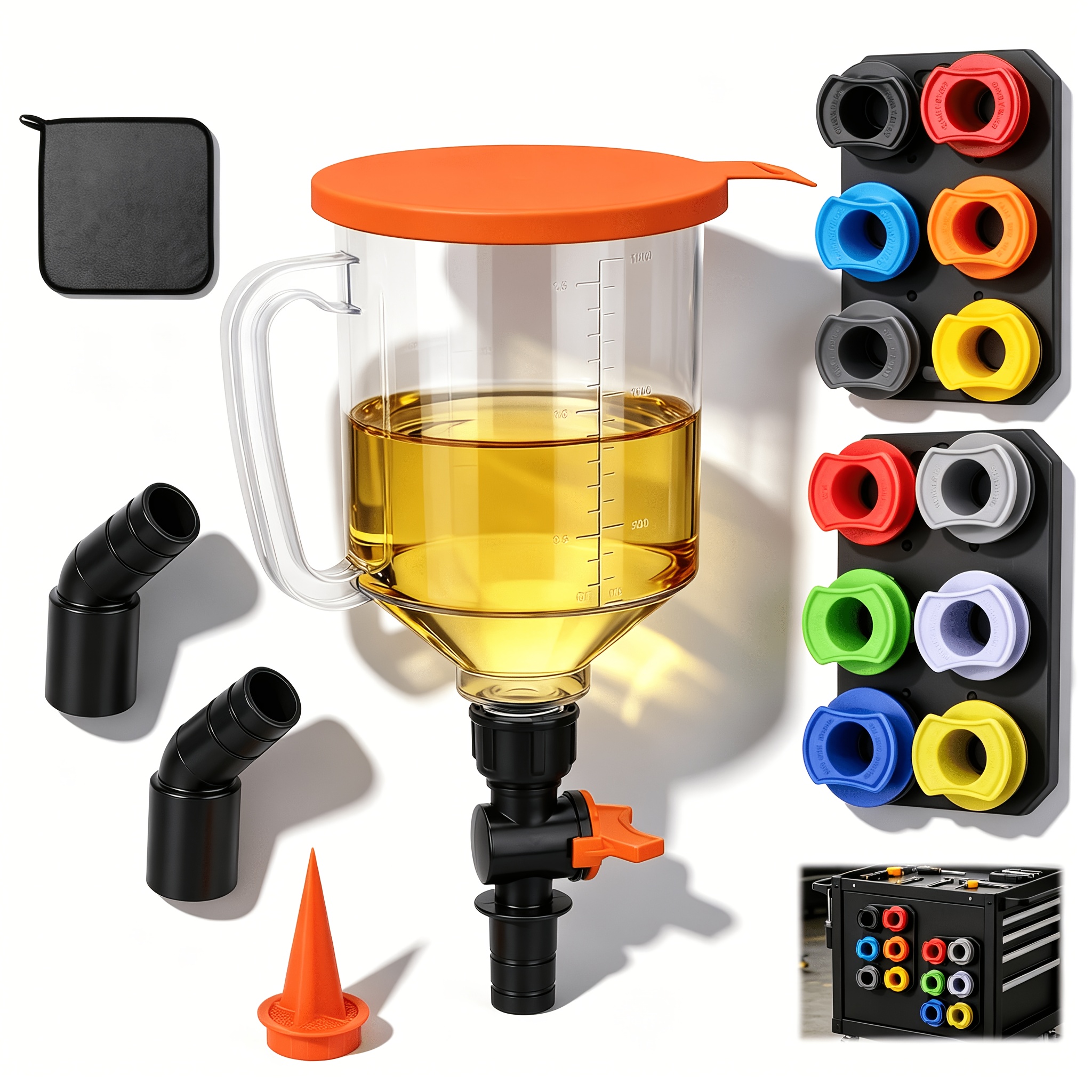 TEMU Horusdy 21pcs Spill- Oil Funnel Kit, Oil Change Funnel With 12 Universal Adapters And 2 Magnetic Adapter Organizer Boards, Transparent Graduated