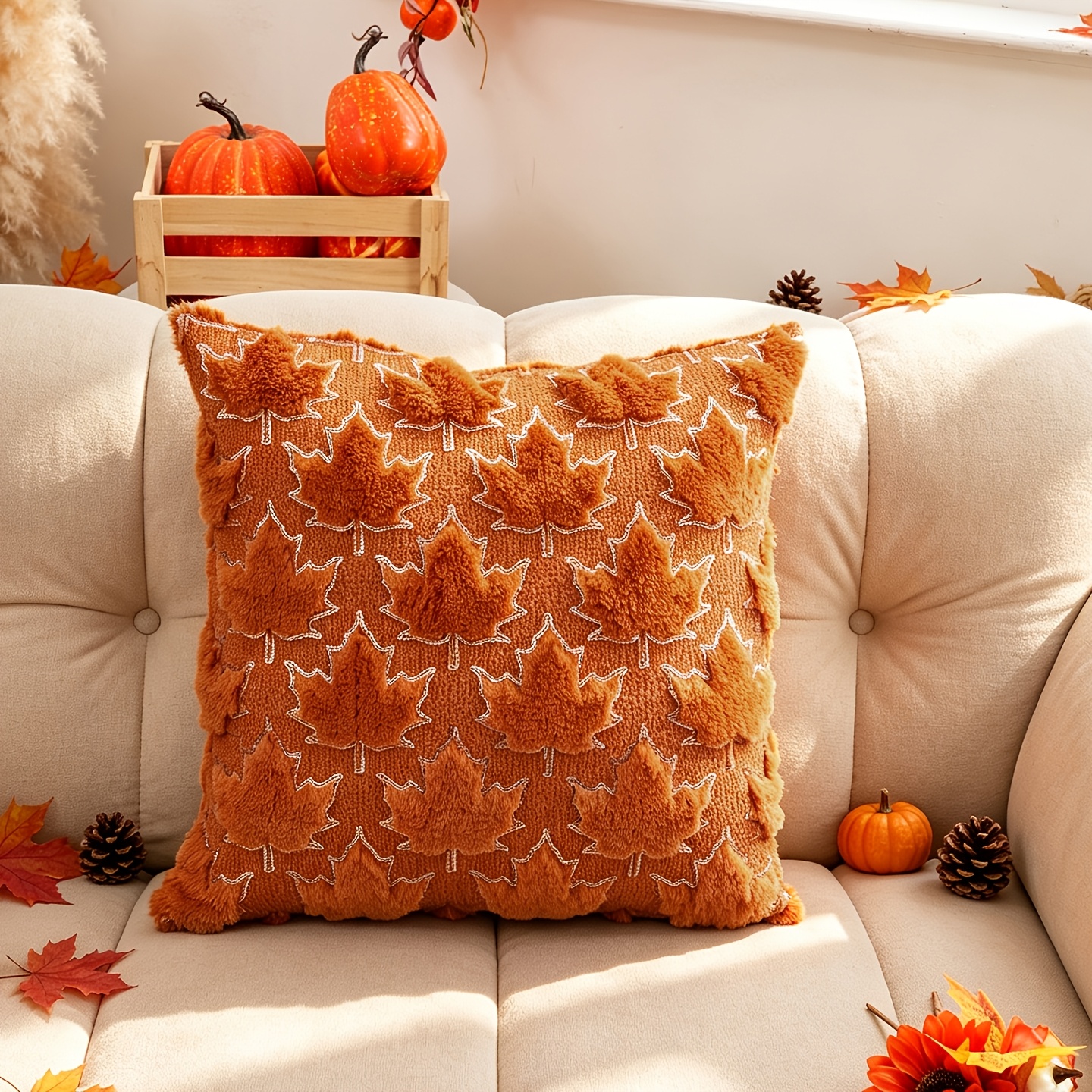 TEMU 1pc 1pcs Autumn Caramel Plush 3d Embroidered Maple Leaf Pillow Cover With Sequin Suitable For & Thanksgiving Decor, Zipper Closure Cushion Cover
