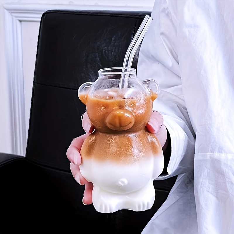 TEMU Ensemble 2 pièces : 1 tasse en verre ours en peluche et 1 paille en verre - Verre en borosilicate de haute qualité, tasse à café ours en peluche
