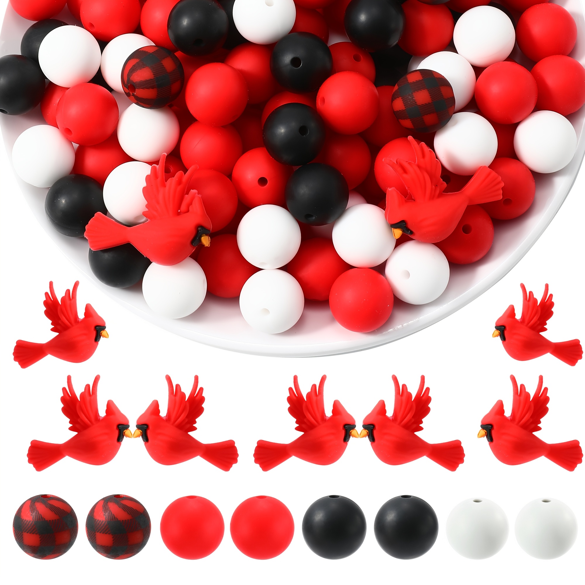 

40pcs Christmas Craft Set With 3d Red Bird & Silicone Beads - Diy Keychains, Jewelry Making & Holiday Decorations