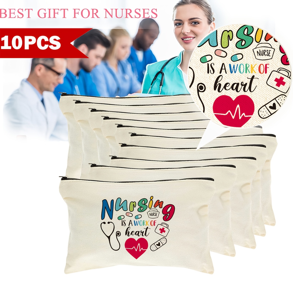 

10pcs Nurse Appreciation Canvas Tote Set - Heart-shaped Design With Zippered Makeup & Toiletry Bags, Portable Medicine Organizer, Multi-functional Storage Pouches For Travel & Gifts