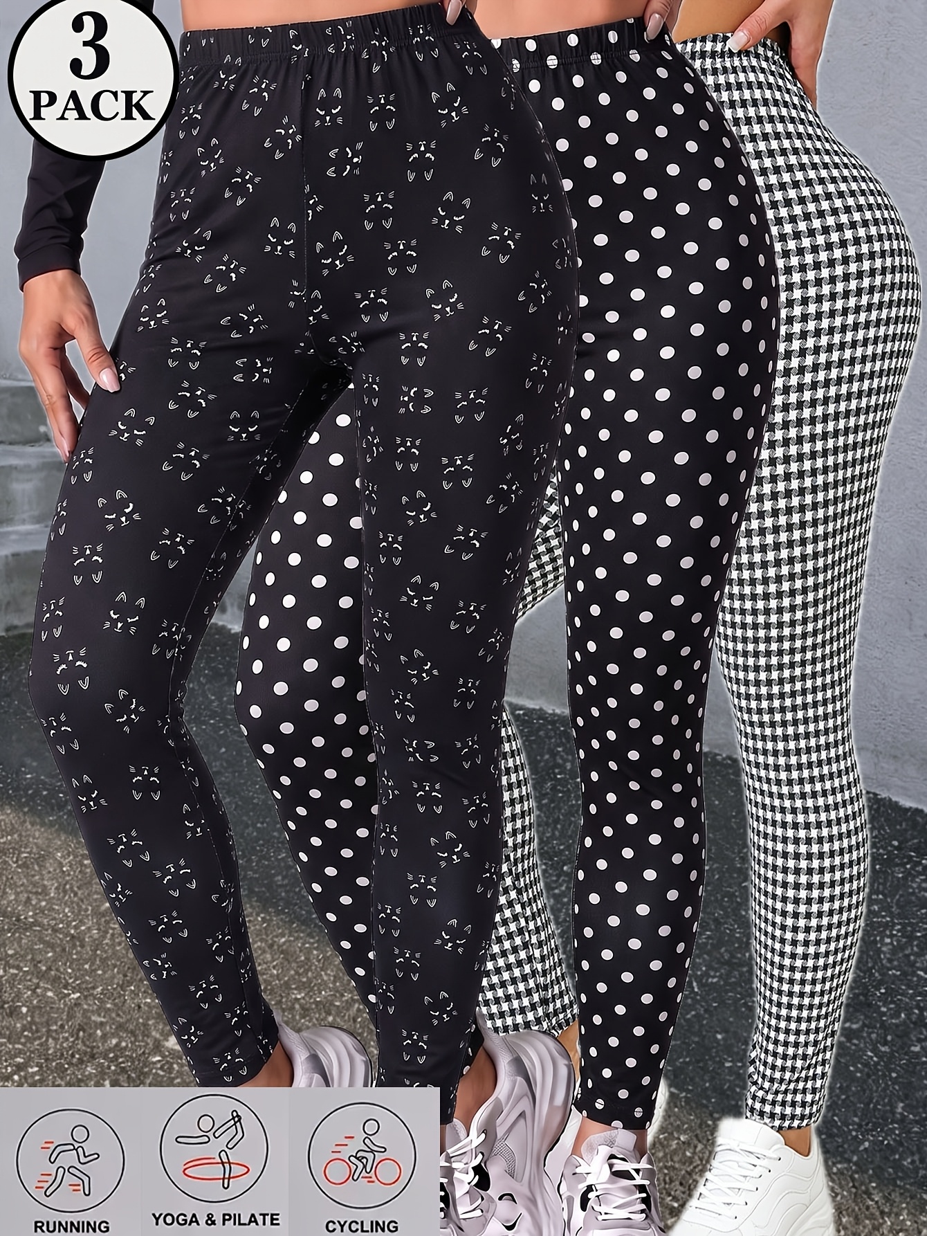 3 Pack Women Cropped Yoga Leggings Cartoon Cat Face Polka Dot Houndstooth Prints Animal Geometric Plaid High Elastic Fab