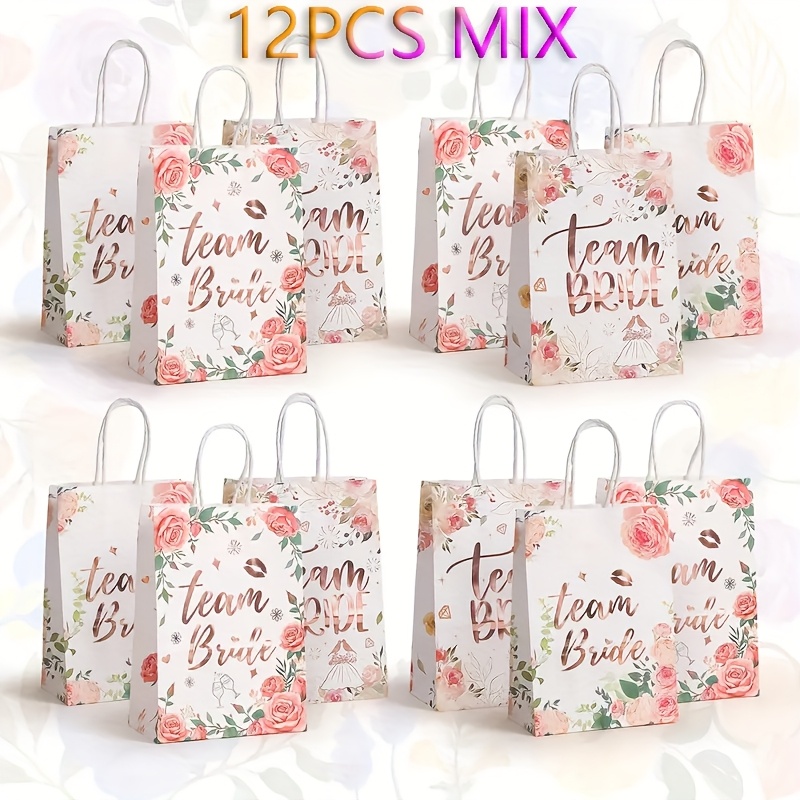 Image of 12pcs Gift Bags With Handles Shopping Bags, Handled Bag, Suitable For Bachelorette Party Decorations, Small Rose Golden Floral Bridesmaid Bags, Ideal For Bridal Showers, Engagement, Wedding Gifts
