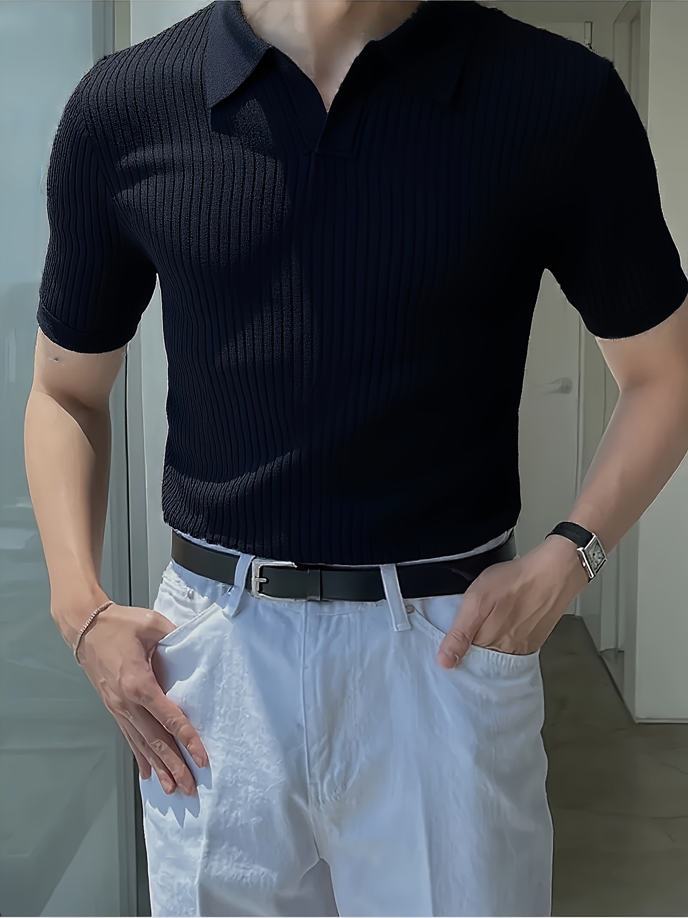 mens breathable striped shirt short sleeve ribbed knit Temu Oman