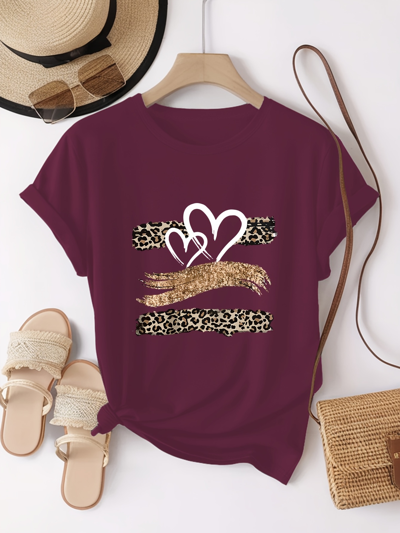 Leopard Print Heart Glitter-themed Pattern Print, Fashionable Breathable T-shirt, for Family Travel,, Casual S, Daily Commutes, Matching Outfits for Sisters, Versatile T-shirt 30057