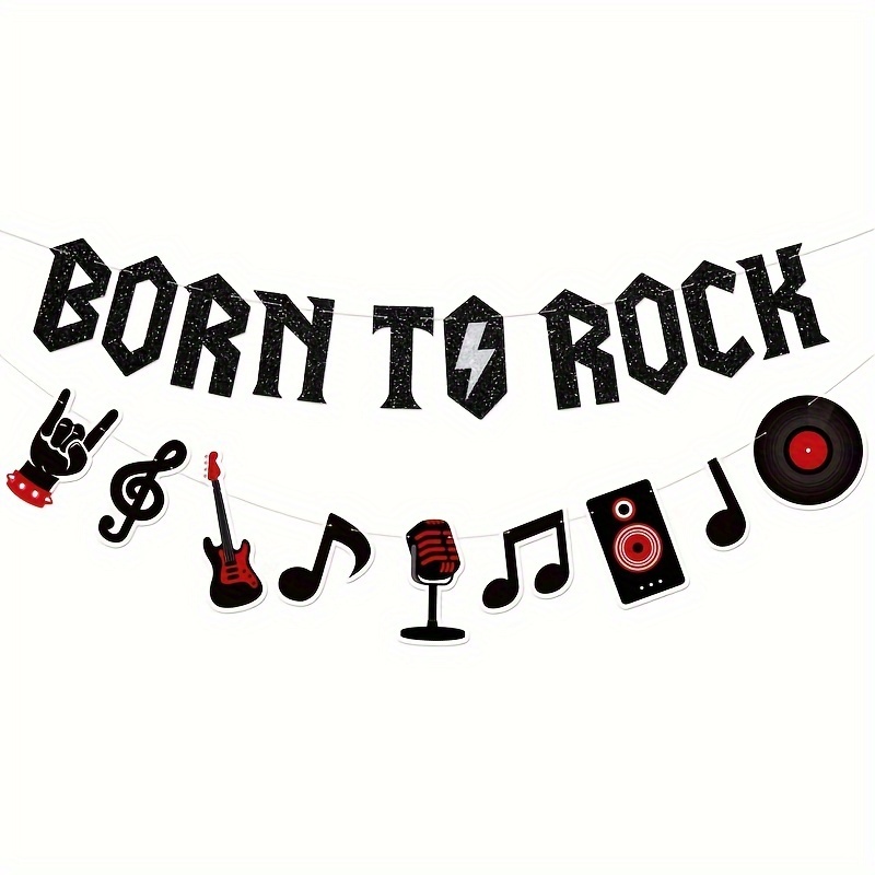 

Born To Rock" Glitter Banner With Music Note Garland - 1950s Rock And Roll Theme Party Decor, Perfect For 1st Birthday & Retro Celebrations, Black Paper