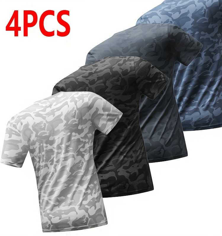 4pcs Men's Camo Athletic T-Shirts - Lightweight, Breathable Mesh Short Sleeve Crew Neck Tops for Running, Gym & Casual Wear - Moisture-Wicking Quick-Dry Tees in Blue, Black, White & Gray Camouflage Patterns, Gym Shirts