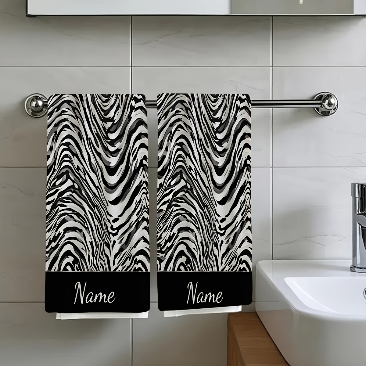 TEMU 2pcs, Pattern-like Layered Black And White Abstract Pattern Travel , Customizable Text Towel, Name Customization Towel, Cartoon Anime Towel,