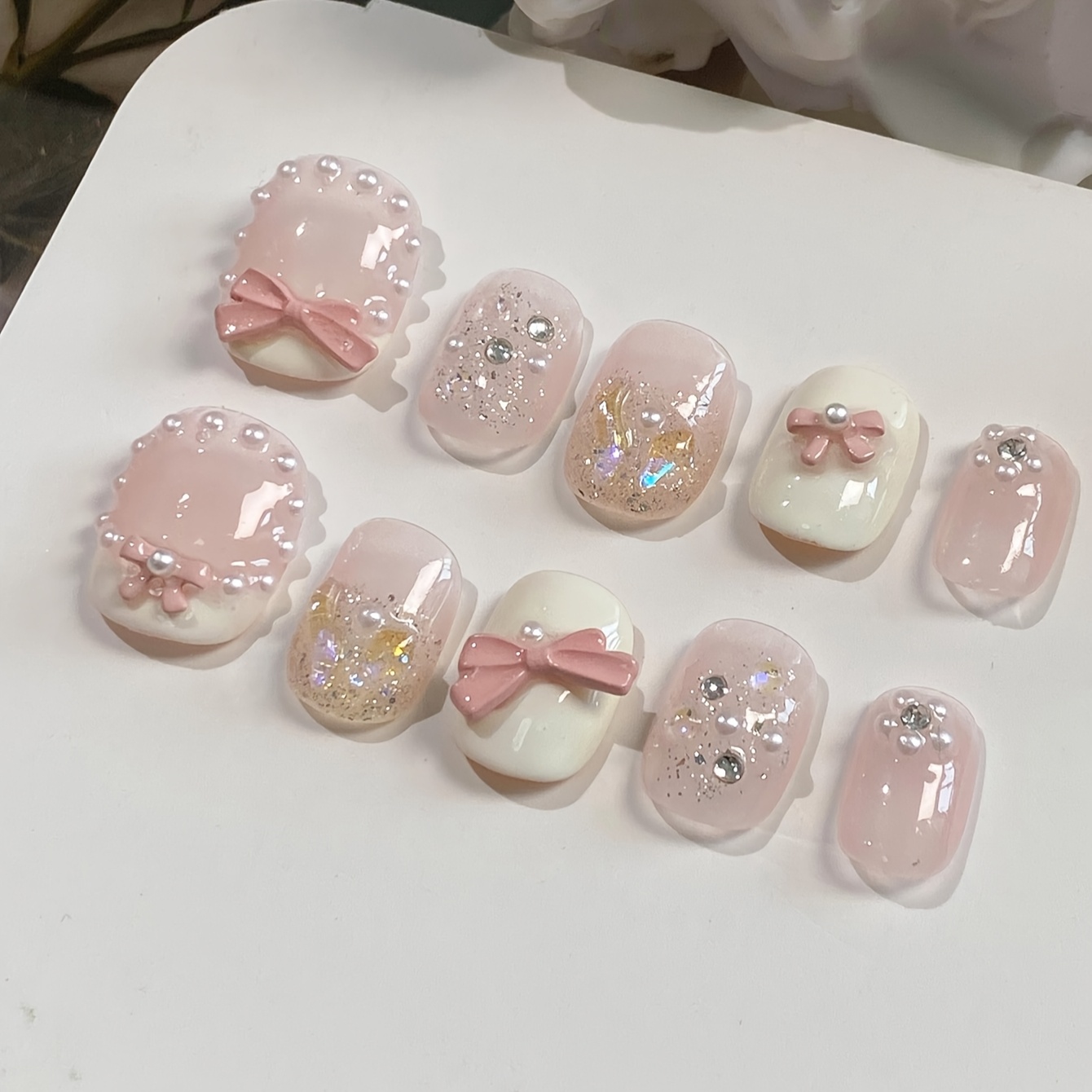 

10pcs Square Press-on Nails Set, Short Length, Colorblock With Glitter Accents, Glossy , With Handmade Bow Detail, For Parties, Dates - Elegant For Women