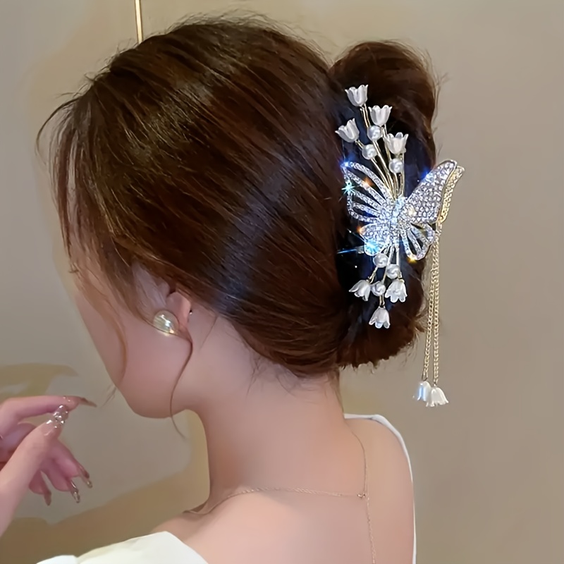 

Elegant Butterfly Rhinestone & Faux Pearl Tassel Hair Claw - Large Zinc Alloy Fairy-style Hair Accessory