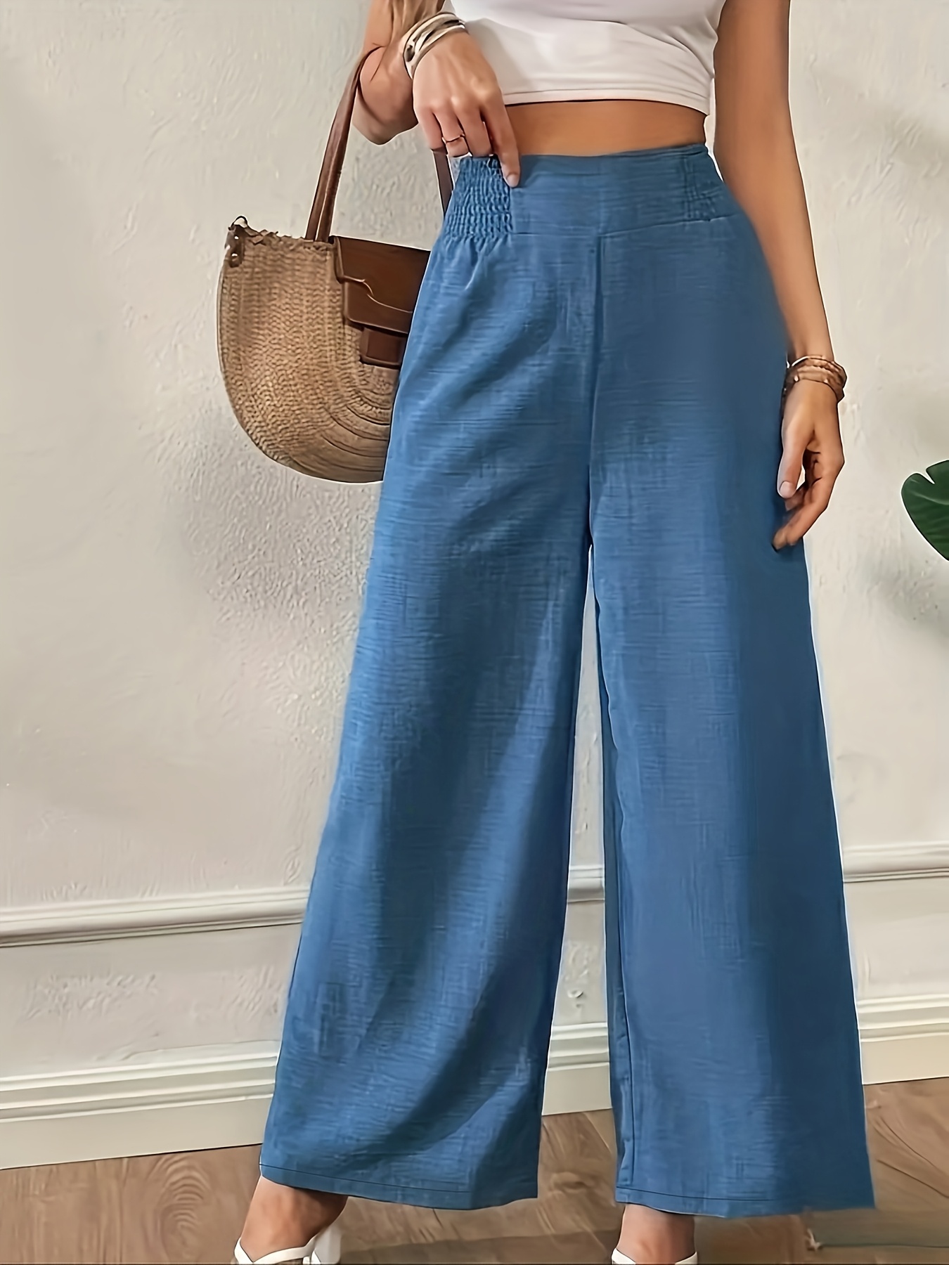 new womens high waist wide leg pants elastic waist straight leg long trousers elegant wide leg trousers suitable for casual and formal occasions office and semi formal wear