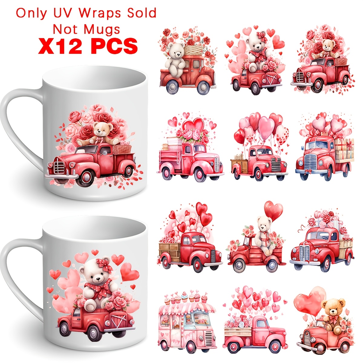 

12-pack Valentine's Day Truck And Bear Themed Coffee Cup Stickers, Uv Dtf Transfer Adhesive Decals, Reusable Plastic Self-adhesive Stickers For Birthday, Holiday, Christmas, New Year, Ideal Gift