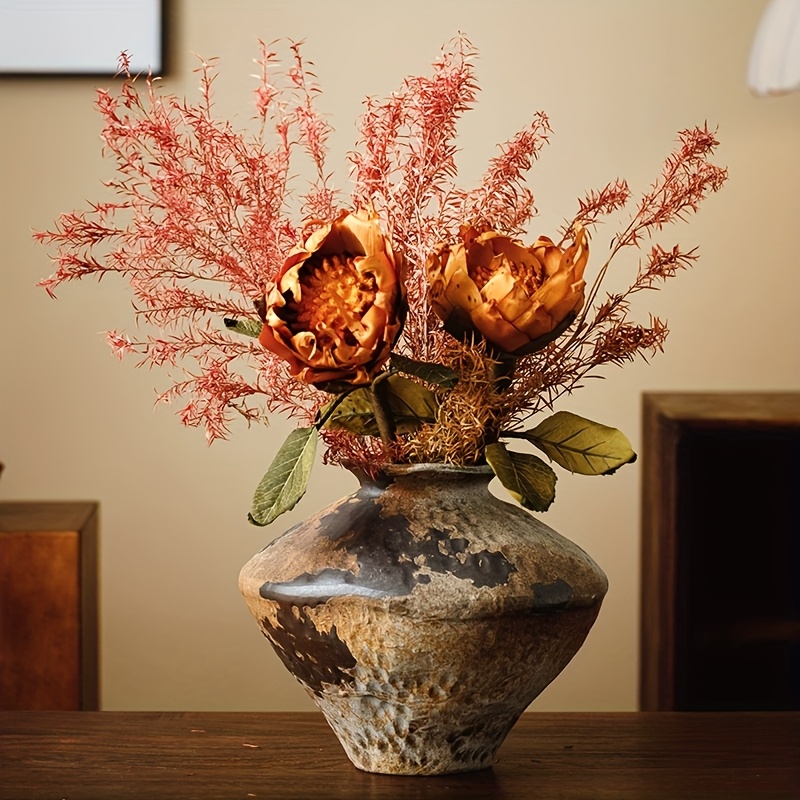 A Rustic Ceramic Vase from a Countryside Cottage - a Vintage-Style Wide-Mouth Decorative Piece, Suitable for Home, Living Room, And Dining Table Decor, Vase Home Decoration
