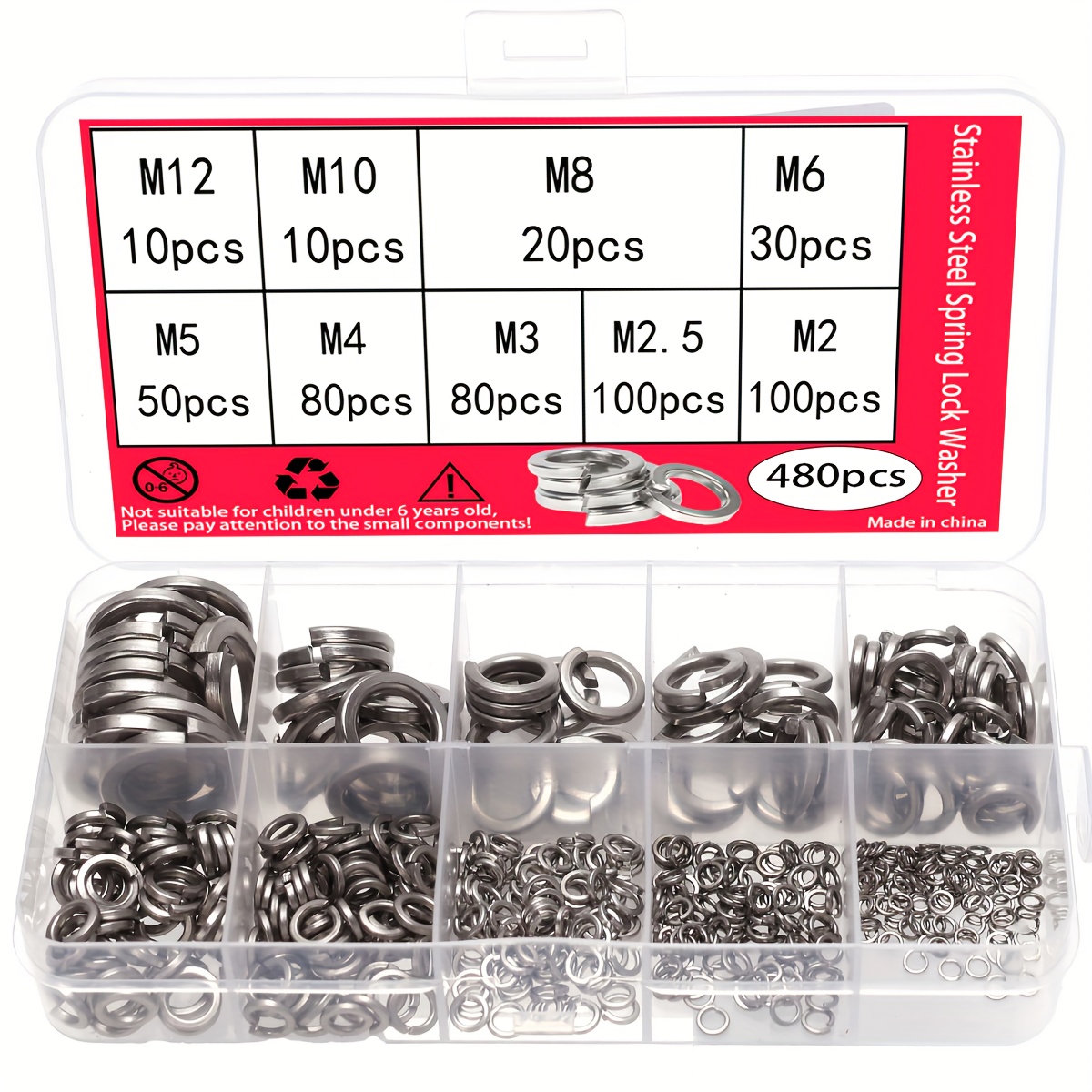480pcs Stainless Steel Spring Locking Washers, Open Spring Gaskets M2m3m4m5m6m10m12 Elastic Open Spring Gaskets
