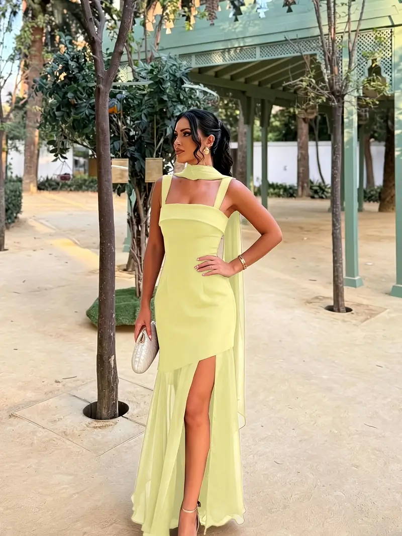 thin strap halter neck dress B233058 Stylish Poly Chiffon Gown with Halter Neckline and Sexy Spaghetti Strap Back Tie
