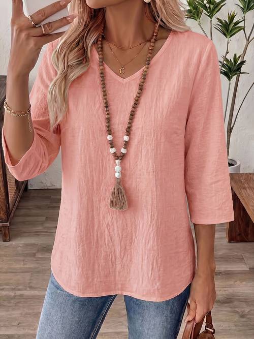 item picture solid color qf womens new style top spring summer autumn casual simple breathable comfortable top womens three quarter sleeve v neck top