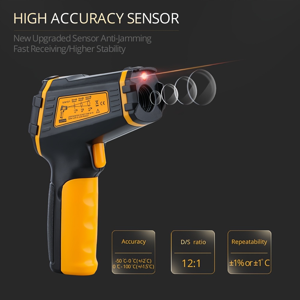 Non-Contact Infrared Thermometer with Humidity Monitor, 50°-490° Measurement Range, Color Screen Alert Function, ABS Plastic, Battery Operated - Ideal for Lab & Field Us