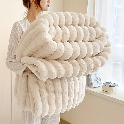 1pc luxurious faux rabbit fur blanket bed cover soft warm and comfortable suitable for use on sofas beds offices and during travel versatile gifts