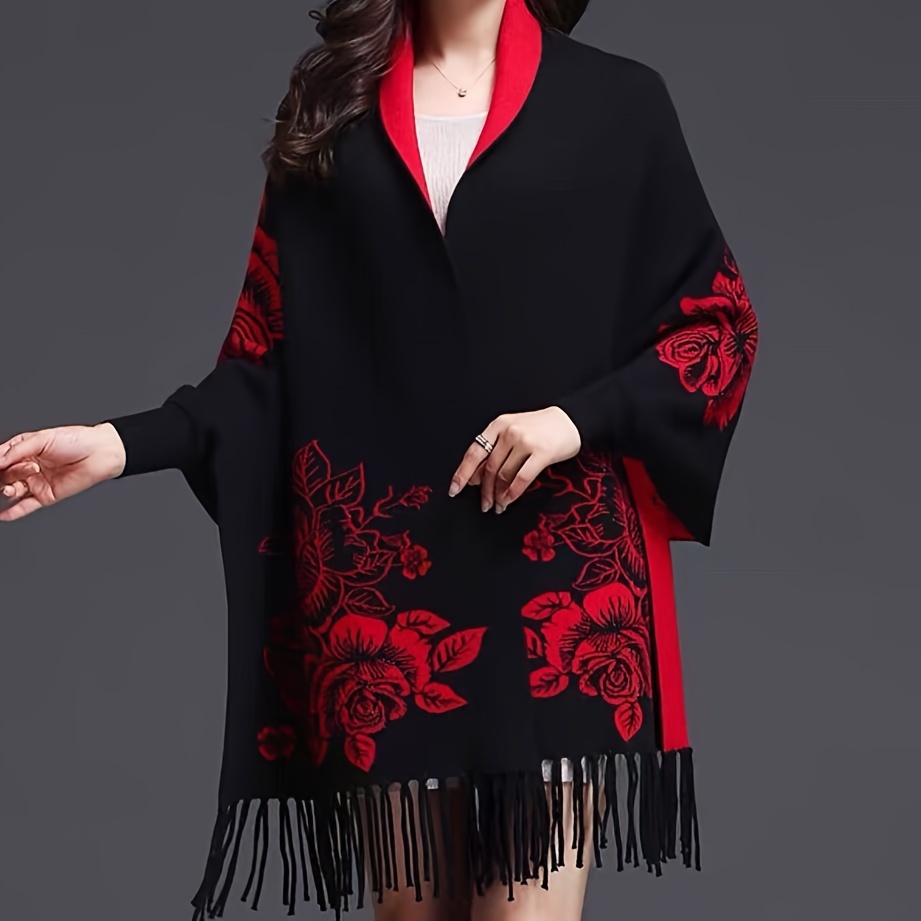 TEMU Vintage Floral Embroidered Polyester Shawl Wrap - Inelastic, Hand Washable, Woven, Decorative & Warm For Casual - Women's Thick Autumn/winter Shawl With Sleeves