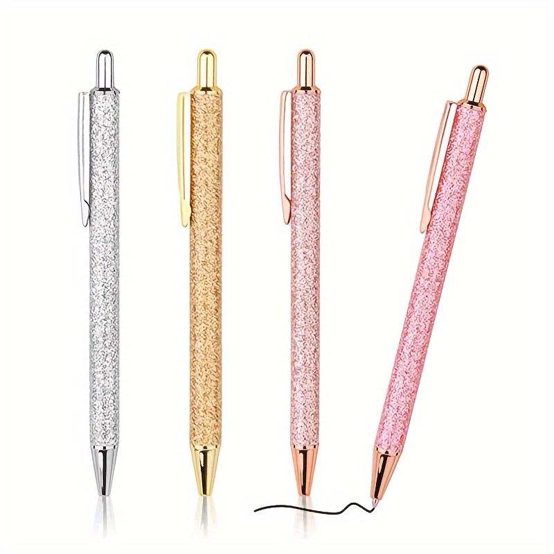 

Set Of 4 Glitter Metal Ballpoint Pens, Retractable, Black Ink - Elegant Shiny Writing Pens For School, Office, Gifts - Durable Metal Construction, Suitable For Ages 14+