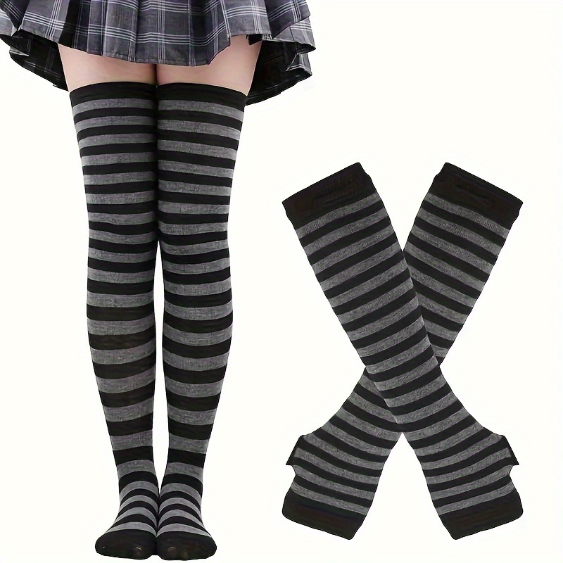 TEMU 1 Set Women's Striped Knee Socks With Knit Sleeves And Fingerless Gloves, Suitable For Vacation And Party Attire