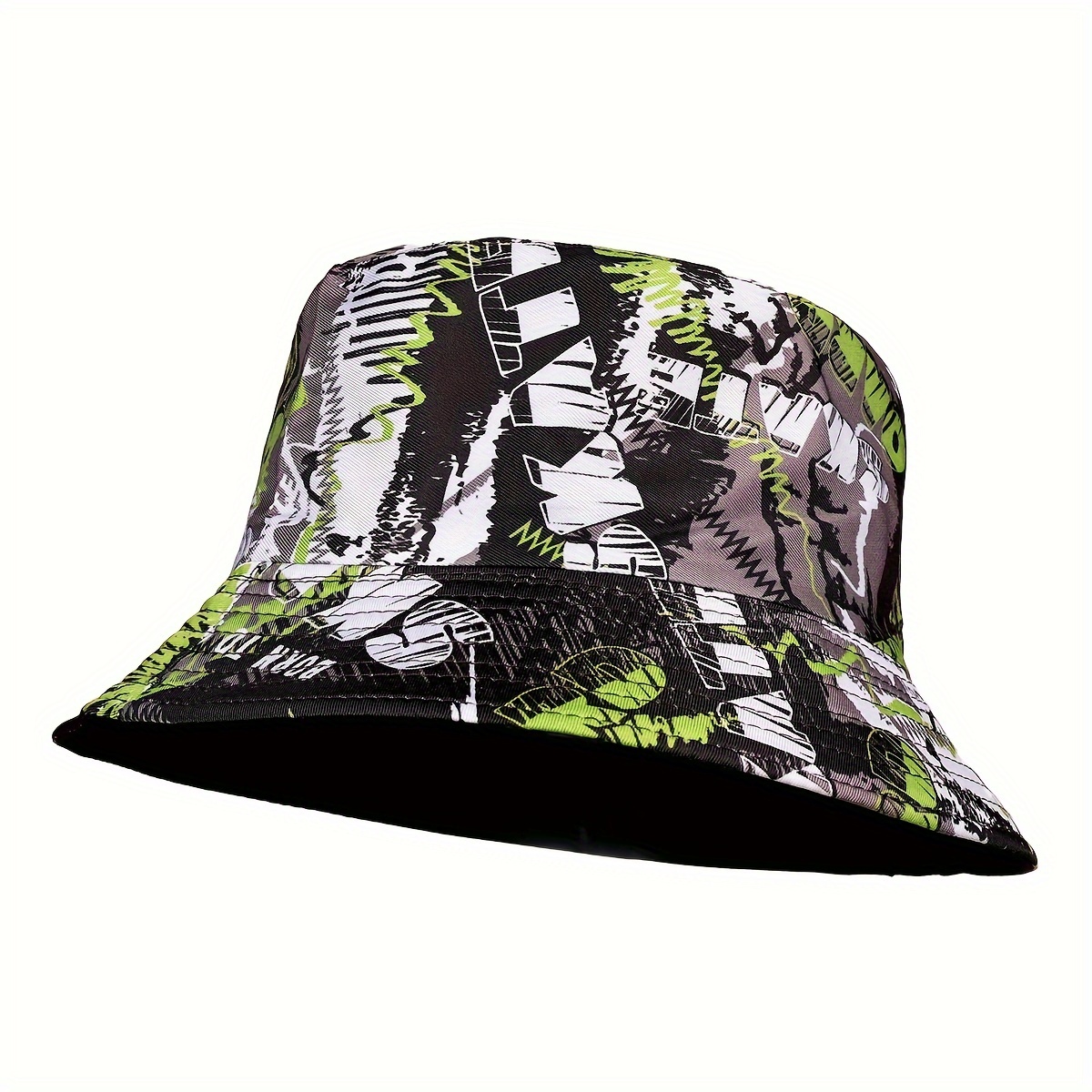 

Trendy Punk Graffiti Bucket Hat, Green & White Print Fisherman Hat, Double-sided Sun Hat For Casual Leisure Outdoor Sports