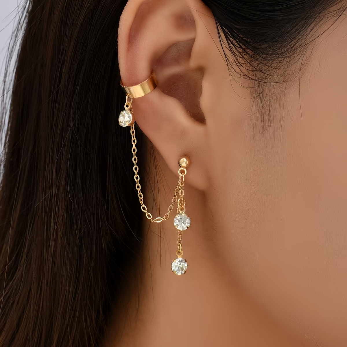 Image of 1 Pair (2pcs) Women' Clip-on Earrings Suitable For Daily Wear & Special Occasions - Elegant Bohemian Rhinestone Dangle Ear Cuffs With Tassel Chains, Light For Parties, Weddings, Gifts