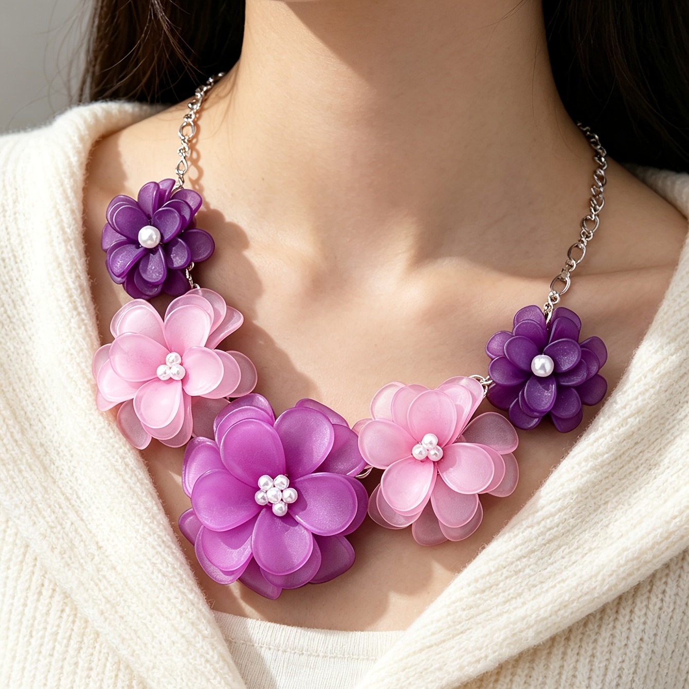 Image of 1pc Elegant Sweet Accessory Acrylic Flower Necklace Women's Holiday Birthday Date Prom Party Banquet Shopping Accessory