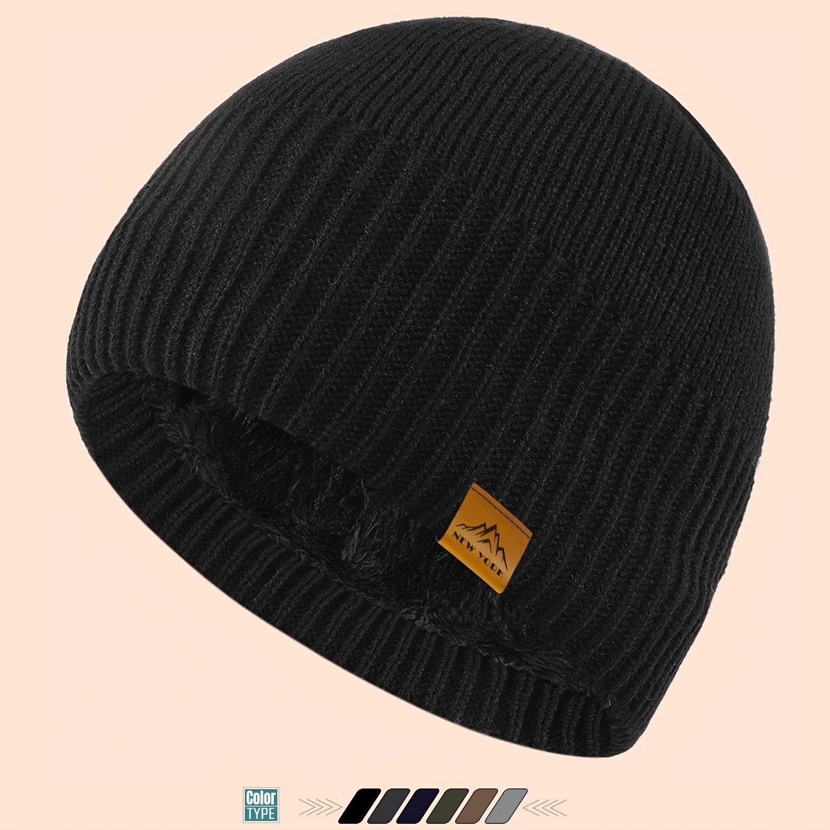 E-shop Herbst/Winter warme, gefütterte Mütze mit Berg-Logo-Anhänger, randlose Beanie für Herren Damen, lockere bequeme Damenmütze,