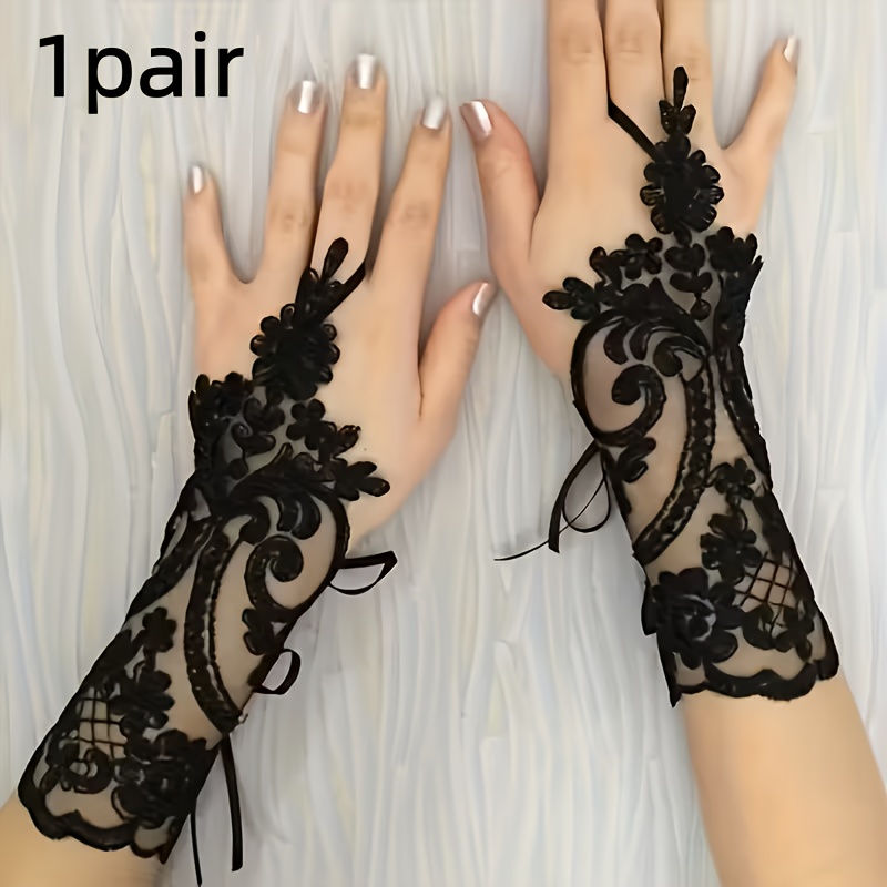 TEMU Gants doigts en dentelle noire pour femme, gants de mariée et de soirée avec broderie florale et nœud, gants élégants et en résille à hauteur du