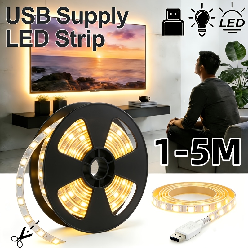 Cool White/Warm White 1-10M Soft LED Strip, USB Powered LED Strip - 5V Cuttable Adhesive Light for TV Backlight. Perfect for TV Backlight And Indoor Decoration. Features Stable Performance And Bright Illumination to Elevate Your Space