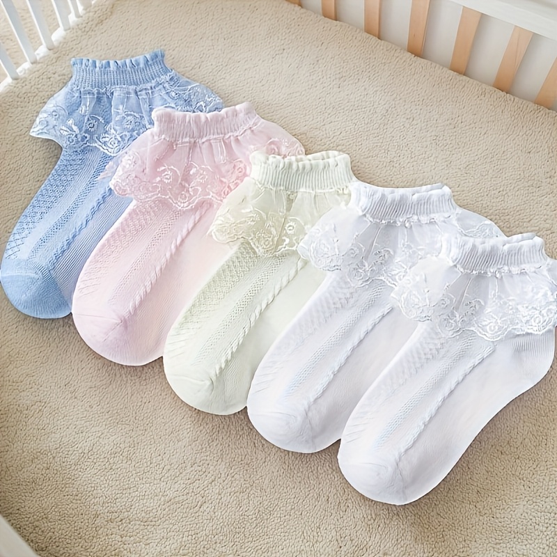 Image of 5 Pairs Girls' Lace Ruffle Socks | Breathable And Comfortable Dance Princess Socks