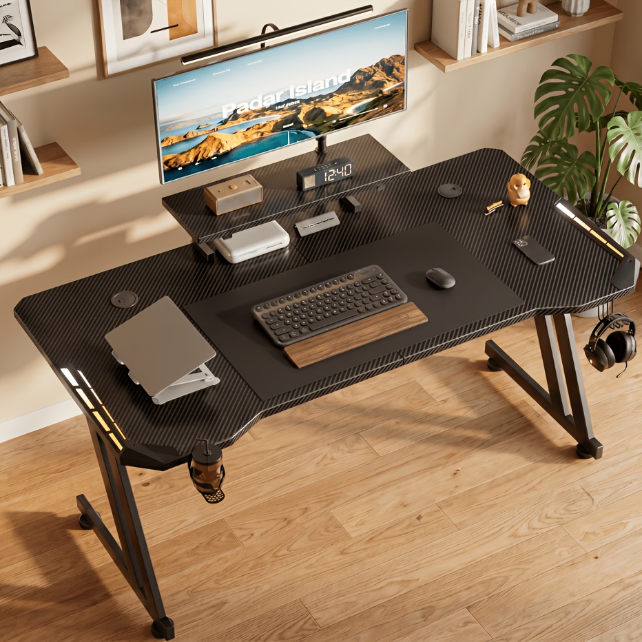 TEMU Bureau d'ordinateur de bureau multi-tailles 47/55/63 pouces, de travail en fibre de avec éclairage LED RVB, support de moniteur intégré,