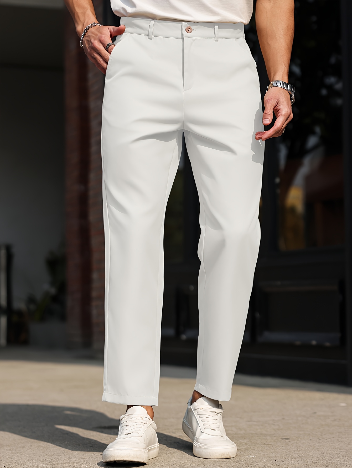 Men's Slim-Fit Casual Dress Pants - Solid Beige, Machine Washable, Straight Leg Design with Side Pockets, Perfect for Business or Leisure Outings, Allseason Trousers | Straight Leg Pants | Internal Zipper Closure
