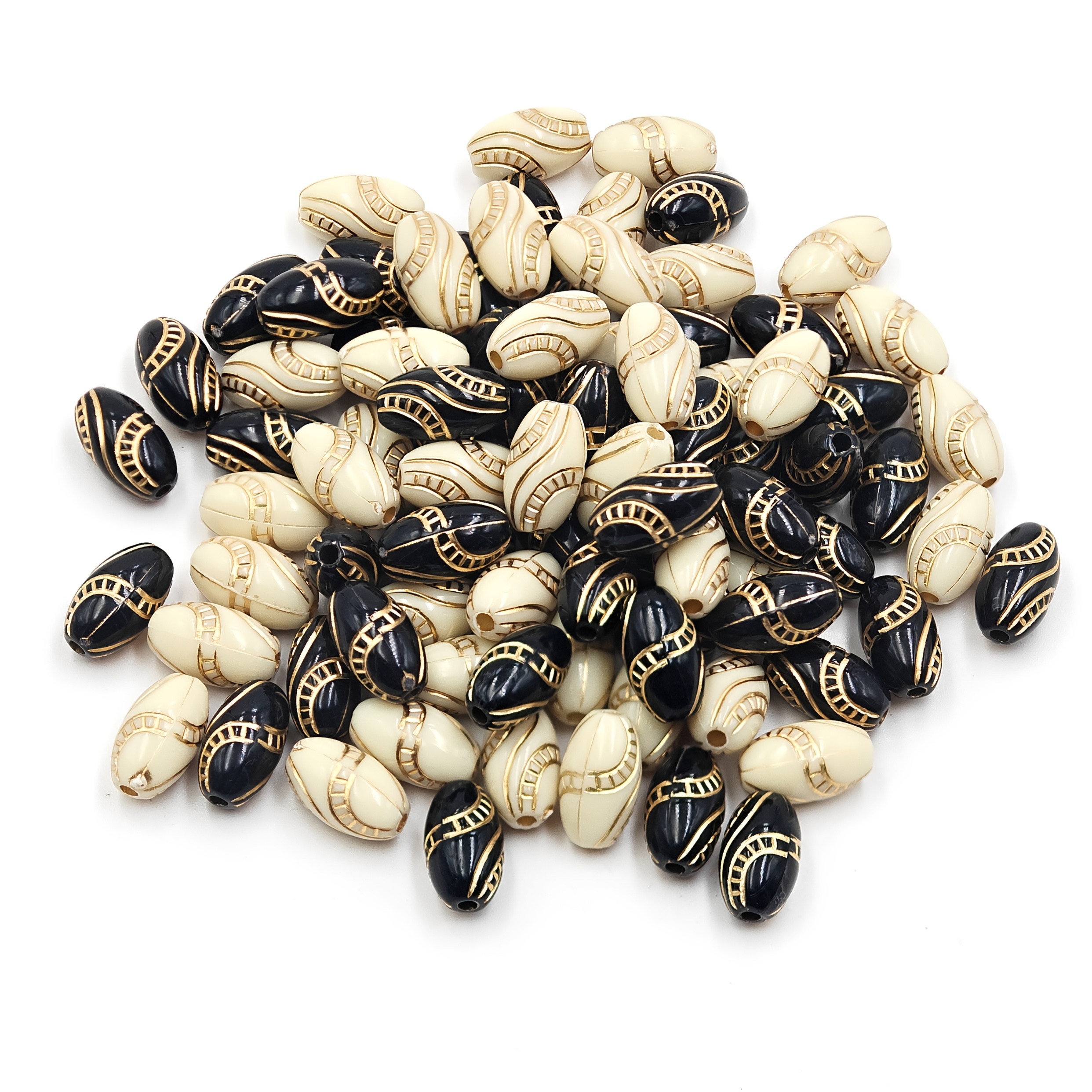 Image of 50pcs Of Black Acrylic Beads With White Golden Detailing For Projects - Perfect For Creative Jewelry Making And Crafting Designs - Ideal For Trendy Projects And