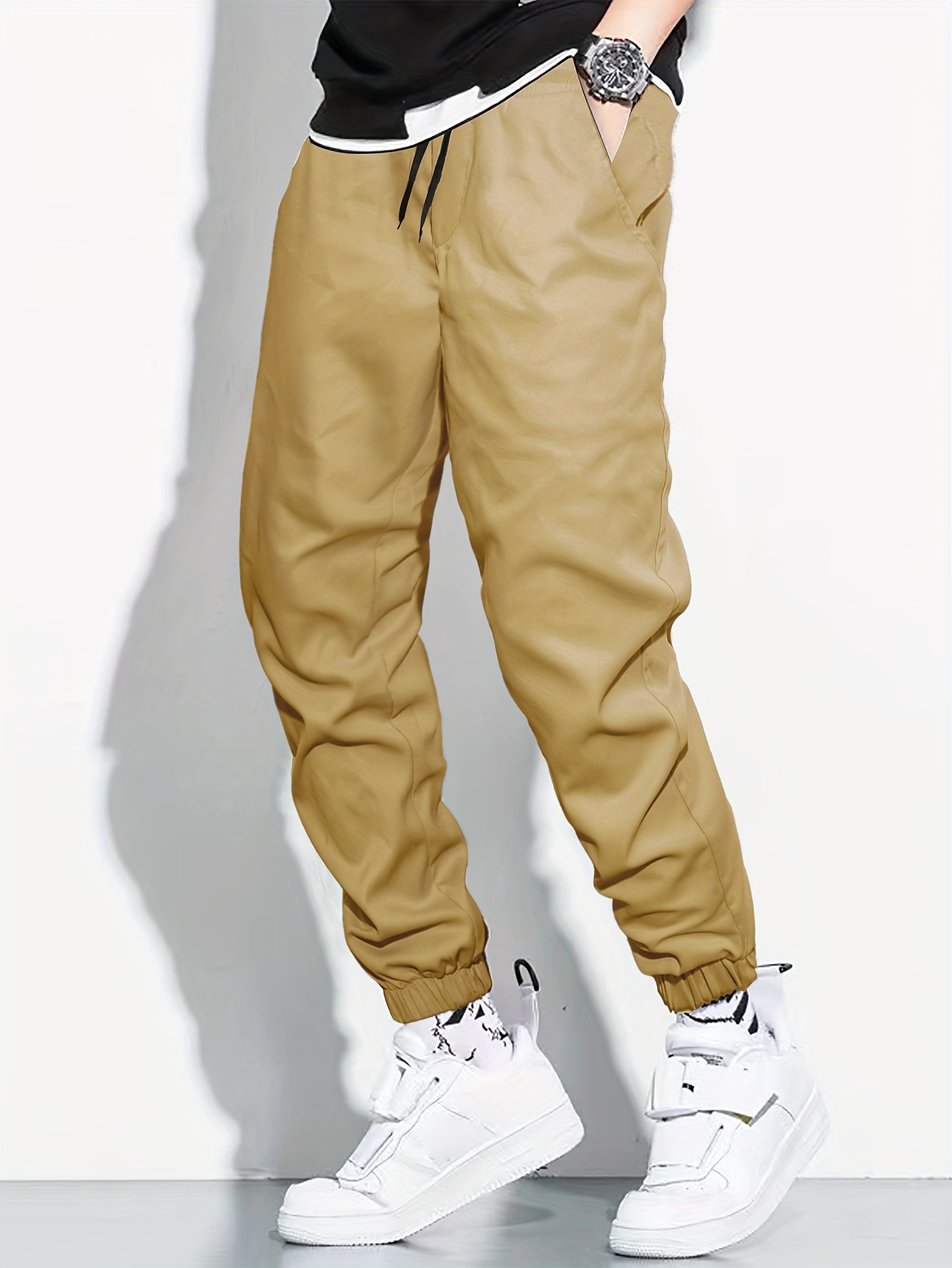 men's mature style cropped pants 100% polyester solid color Temu