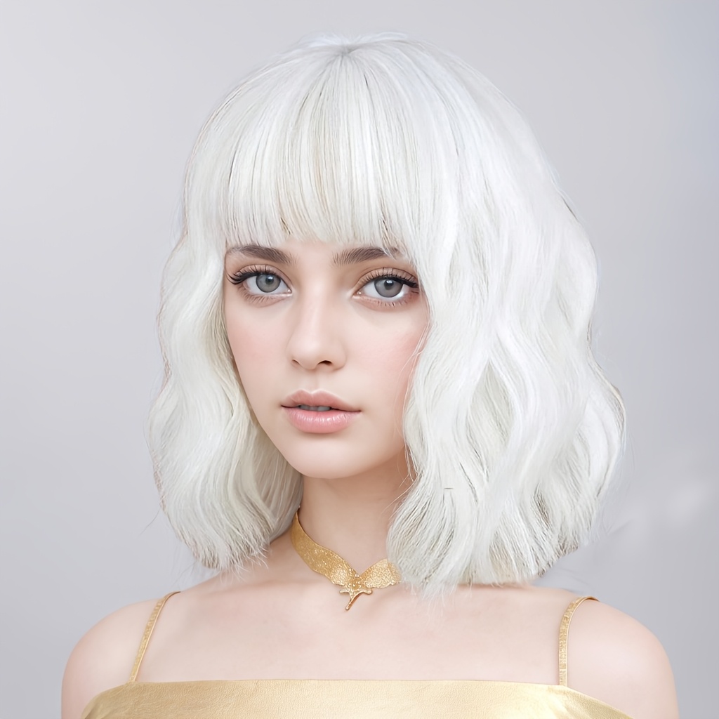 synthetic bob wigs white short wavy cosplay wig bangs women  display picture 2