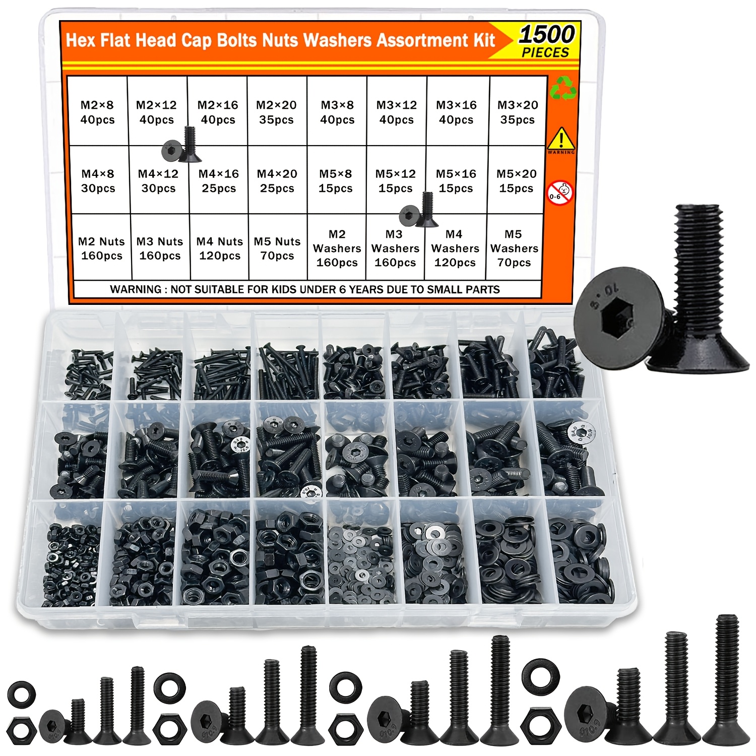 Image of A Collection Of 1500pcs Including Metric M2, M3, M4, And M5 Hex Socket Screws, Bolts, Nuts, And Washers, In A Storage Box. Are 10.9 Grade Alloy Steel Metric Thread Hexagon Allen Machine Bolts
