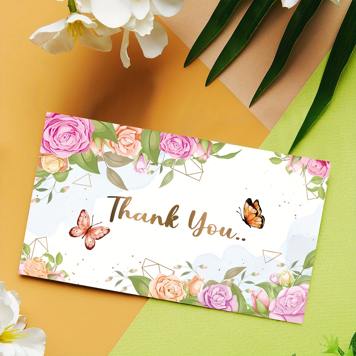 

50pcs Elegant Floral Thank You Cards For Small Business - Handwritten Style With Pink Roses & Butterflies, Paper Customer Appreciation Cards For Online Retailers & Shops, Appreciation Gifts