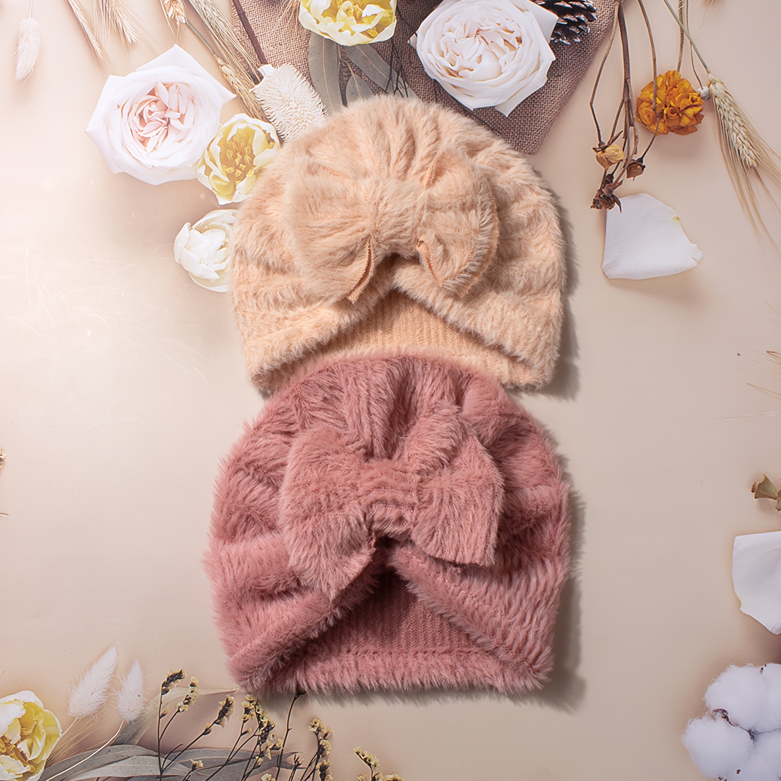Image of 2pcs Baby Bow Plush Hat - Winter Warm Stretch-fit Hat Suitable For, Soft Bow Accent Winter Outfits, Holiday Gift (christmas/new Year)
