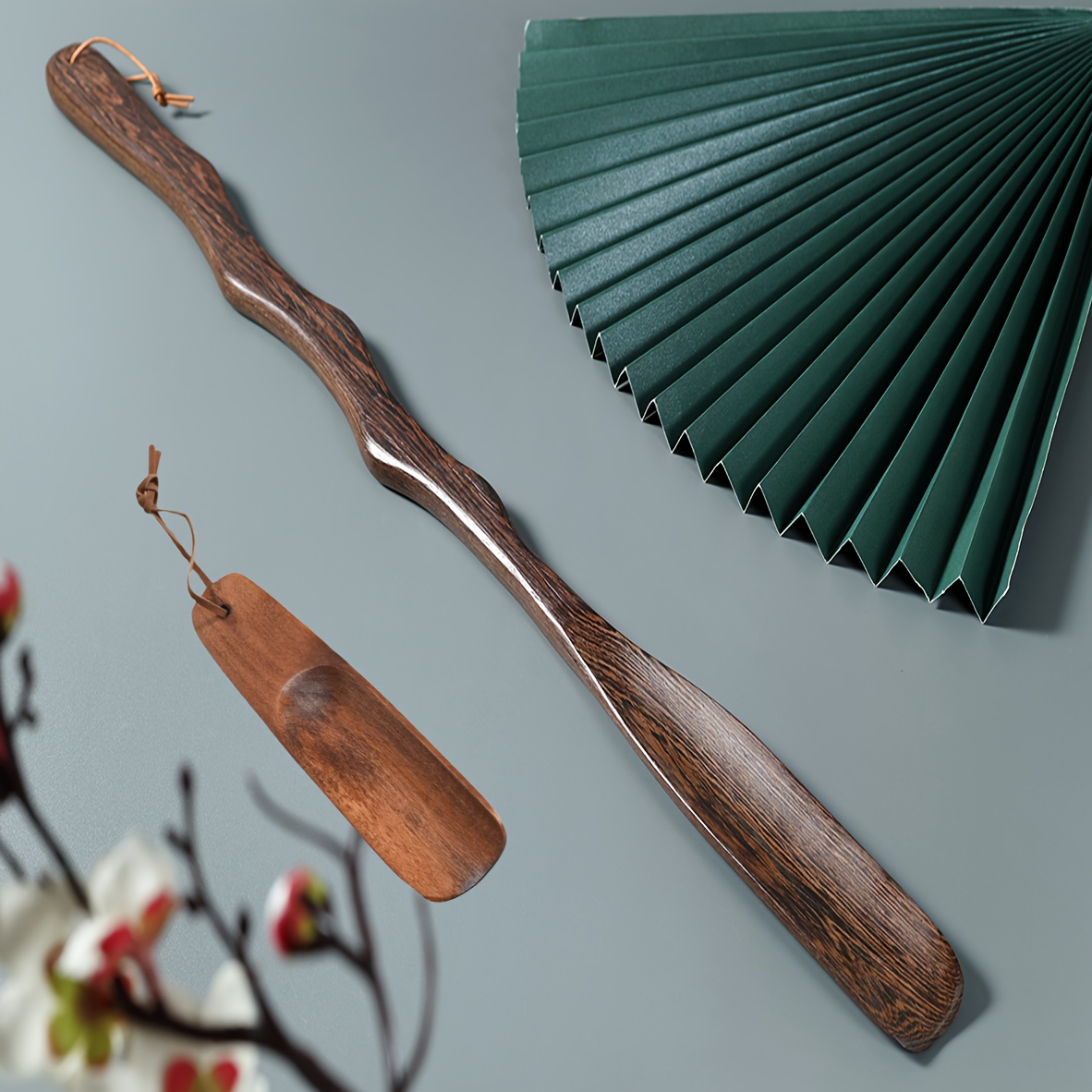 Image of 2-pcs Wooden Shoe Horns Set: Extra Long 27.95in Ergonomic Bent Design + Compact 5.91in Straight - Comfortable & Durable Shoehorn Helper