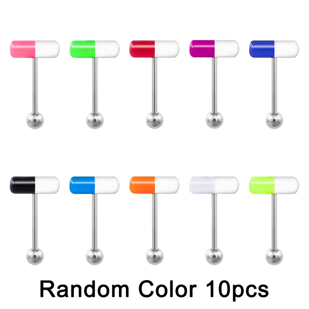 TEMU 10/20/30pcs Colorful Capsule Tongue Ring Acrylic Pill Tongue Piercing Jewelry For Women Men Stainless Steel Tongue Bar Barbell 14g Random Color