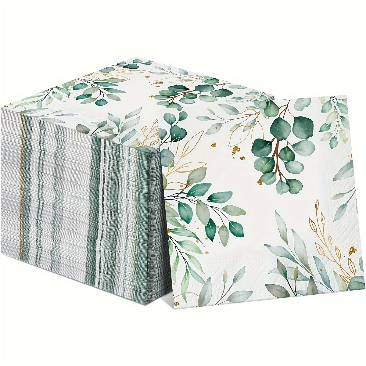 TEMU 100pcs Soft & Durable Eucalyptus Leaf Print Disposable Napkins - 2-ply Wood Paper Towels With Golden Accents, Parties, Birthdays, Tailgates & Holidays